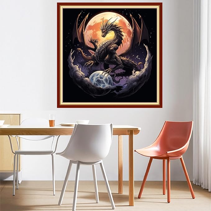 DMCVIVR Stamped Cross Stitch Kits for Beginners Adults Needlepoint Kits for Beginners Embroidery Kits for Adults Crossstitch Kit for Beginners 11CT-Moon Dragon 18x18 inchs