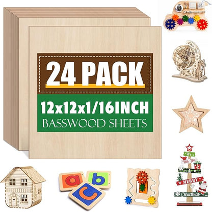 24 Pack Basswood Sheets 1/16x12X12Inch,Plywood Sheets for Crafts.Unfinished Wood Boards for Laser Cutting & Engraving,Burning,Balsa Wood Sheet for Painting