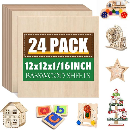 24 Pack Basswood Sheets 1/16x12X12Inch,Plywood Sheets for Crafts.Unfinished Wood Boards for Laser Cutting & Engraving,Burning,Balsa Wood Sheet for Painting