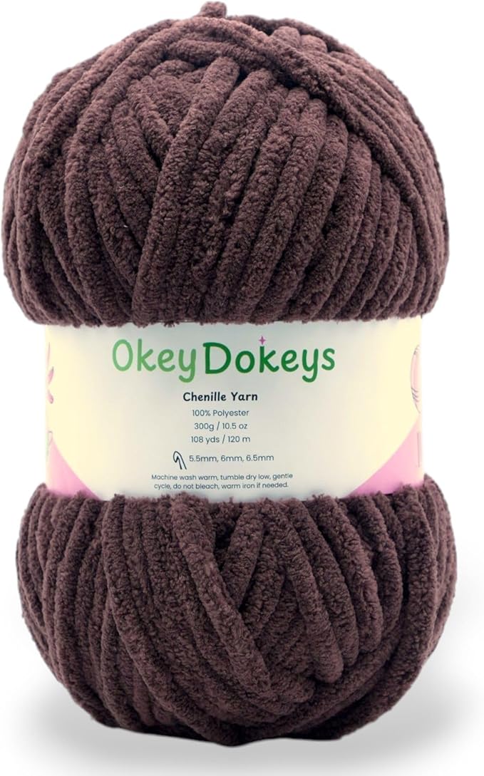 Okey Dokeys 300g Jumbo Velvet Chenille Yarn 7 Jumbo – Plush, No-Fray, Durable Plushies, Posh Soft Crochet Projects Beginner Friendly (130 yds) (Cocoa Dream Brown (114), 1 Pack (17.90/Skein))