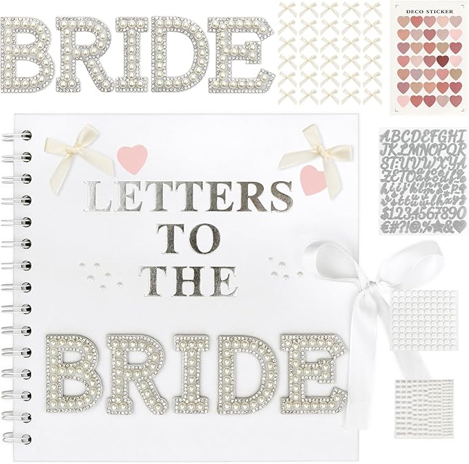 Alynsehom 8 x 8 Inch Letters to The Bride Scrapbook Kits Wedding Memory Book with DIY White Scrapbook Photo Album Blank Paper Bows Pearl Stickers Metallic Letters Heart Sticker Round Dot Stickers