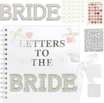 Alynsehom 8 x 8 Inch Letters to The Bride Scrapbook Kits Wedding Memory Book with DIY White Scrapbook Photo Album Blank Paper Bows Pearl Stickers Metallic Letters Heart Sticker Round Dot Stickers