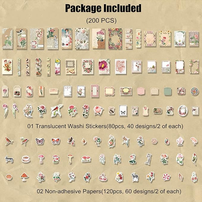 Esweny 200PCS Vintage Scrapbooking Supplies Kit for Journaling, Scrapbook Sticker Paper Pack for Junk Journal Planners Aesthetic Cottagecore Room Decor Wall Art Collage Album
