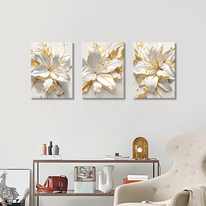 WENGTIAO 3Pcs Elegant White Lily Flowers Canvas Wall Art Boho White Floral Gold Edges Prints Pictures Paintings Beige Blossom Artwork for Living Room Bedroom Office Bathroom 12”x16 x3