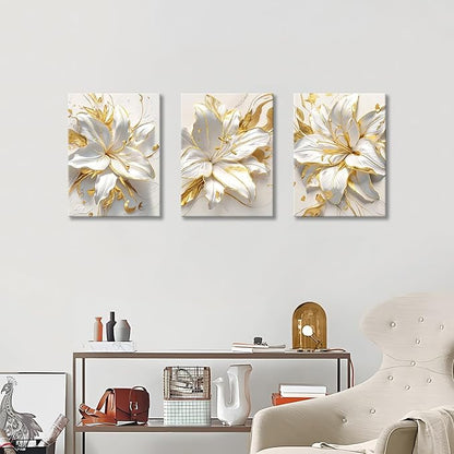 WENGTIAO 3Pcs Elegant White Lily Flowers Canvas Wall Art Boho White Floral Gold Edges Prints Pictures Paintings Beige Blossom Artwork for Living Room Bedroom Office Bathroom 12”x16 x3