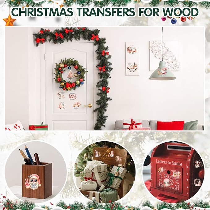 24 Sheets Vintage Christmas Rub On Transfers for Crafts, Rub On Transfers Christmas for Wood，Furniture Decals, Glass, Porcelain, Leather, Canvas, Fabric Projects,3 * 3inch