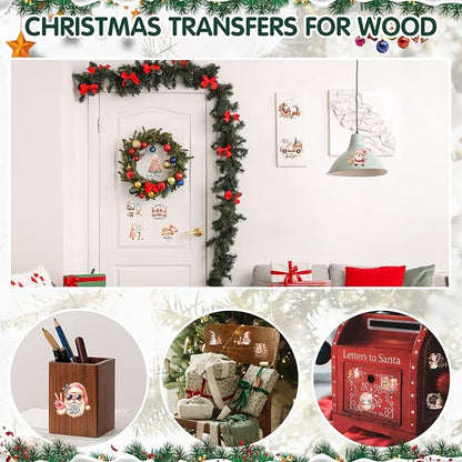 24 Sheets Vintage Christmas Rub On Transfers for Crafts, Rub On Transfers Christmas for Wood，Furniture Decals, Glass, Porcelain, Leather, Canvas, Fabric Projects,3 * 3inch