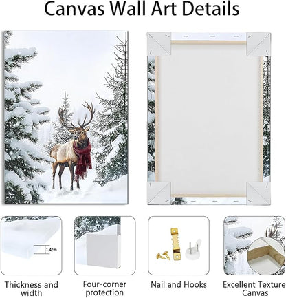 WENGTIAO Christmas Canvas Wall Art 3Pcs Winter Snowy Forest Prints Posters Red Truck Cabin Paintings Reindeer Pictures Vintage Xmas Artwork for Living Room Bedroom Bathroom Office 16”x24”x3