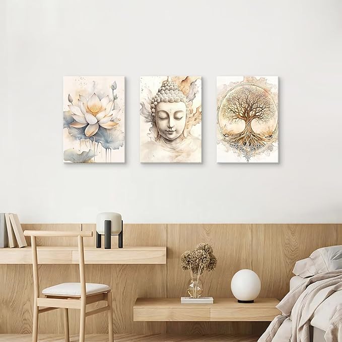 WENGTIAO 3Pcs Zen Canvas Wall Art Prints Beige Tree of Life Wall Paintings Buddha Lotus Pictures Posters Religious Spiritual Meditation Room Decor for Living Room Bedroom Spa Office 16x24x3Pcs
