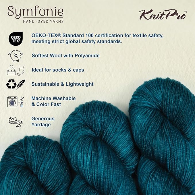 KnitPro Symfonie Hand Dyed Yarn | Extra Fine Merino Wool & Polyamide Blend for Knitting & Crocheting, Fingering Weight, Oeko-TEX Certified 400m, 100g Skein | Terra Semi-Solid Peacock Green