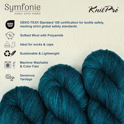 KnitPro Symfonie Hand Dyed Yarn | Extra Fine Merino Wool & Polyamide Blend for Knitting & Crocheting, Fingering Weight, Oeko-TEX Certified 400m, 100g Skein | Terra Semi-Solid Peacock Green