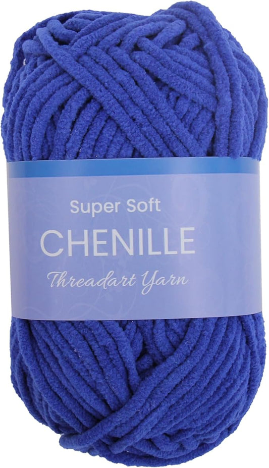 ThreadArt Chenille Yarn for Crocheting, Knitting, Amigurumi, Super Soft Plush Velvet Yarn - 50 Gram 60 yds #5 Fluffy Yarn Skeins - Royal Blue 10
