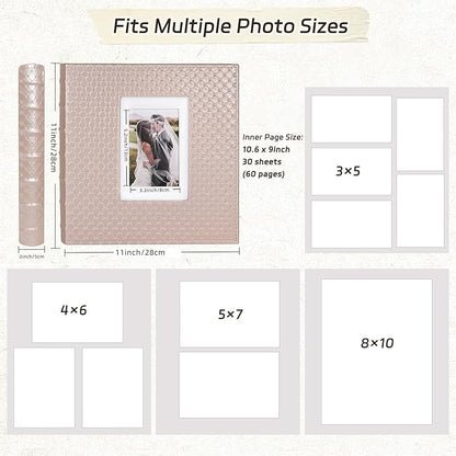 RECUTMS DIY 60 Pages Leather Cover Scrapbook Photo Album 4x6 5x7 8x10,Self Adhesive Photo Album Holds Photos of Any Size Baby Family Wedding Anniversary Albums(Light Champagne)