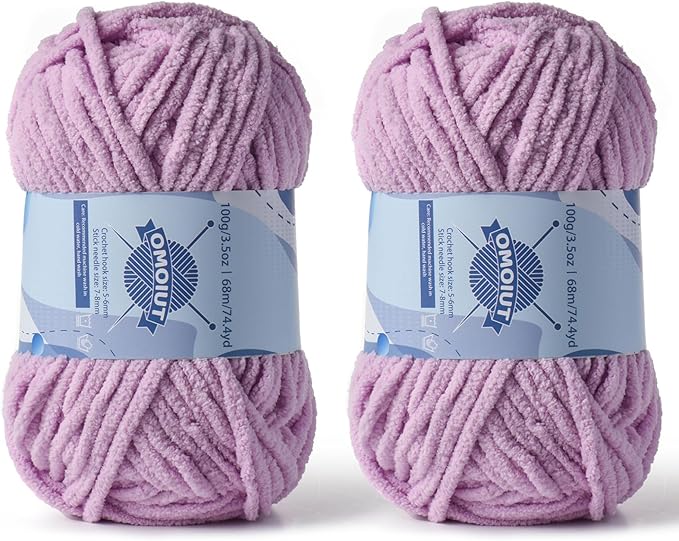 Chunky Chenille Yarn for Crocheting，Baby Yarn for Crocheting Soft Blankets，Bulky Yarns for Crochet Amigurumi，2×100g (2×74.3yds) Fluffy Velvet Yarns for Hand Knitting (2 Light Purple)