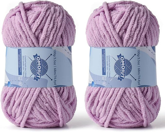 Chunky Chenille Yarn for Crocheting，Baby Yarn for Crocheting Soft Blankets，Bulky Yarns for Crochet Amigurumi，2×100g (2×74.3yds) Fluffy Velvet Yarns for Hand Knitting (2 Light Purple)