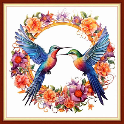 Joyhoor Stamped Cross Stitch Kits for Beginners Needlepoint Kits for Adults Embroidery Kits 11CT Counted Cross Stitch Kits Printed Embroidery Pattern-Wreath Hummingbird 18x18 inchs