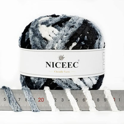 NICEEC 300g Soft Chenille Yarn Blanket Velvet Yarn for Knitting, Crochet, Weaving DIY Craft Total Length 150m (164yds)_Black White Gray