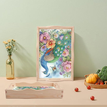 JZHYOAN Diamond Painting Trays for Adults, DIY Peacock Creative Design, Large Serving Platte for Living Room Dining Art Fruit Platters Entertaining Breakfast Coffee Table Home Decoration