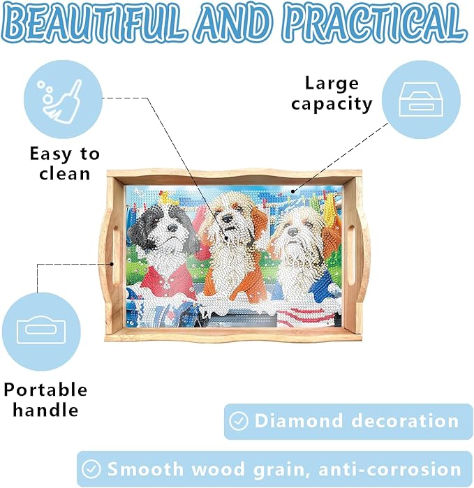 DOTSOPS DIY Diamond Painting Serving Tray with Handle for Adults 5D Diamond Art Kits for Beginners Full Drill Diamond Dots Gem Arts and Crafts Special Shape Living Room 10 x 14 Inches Dog