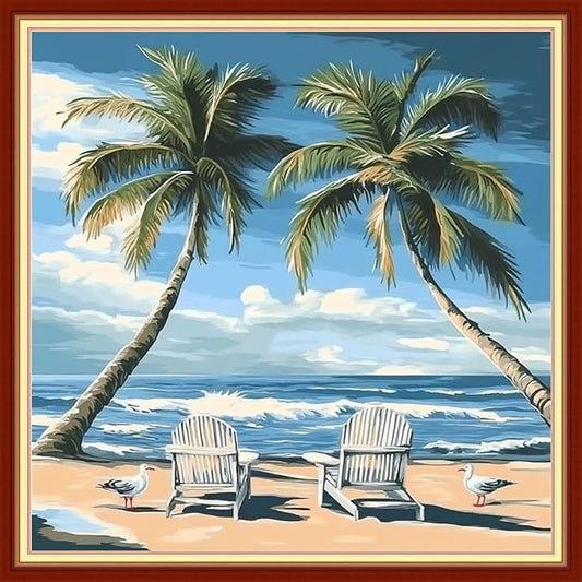 Fanxvivy Stamped Cross Stitch Kits for Beginners Full Range of Cross Stitching Preprinted Embroidery Kits for Adults, 11CT Embroidery Pattern Needlepoint Kits-Coconut Trees by The Seaside 18x18 inch