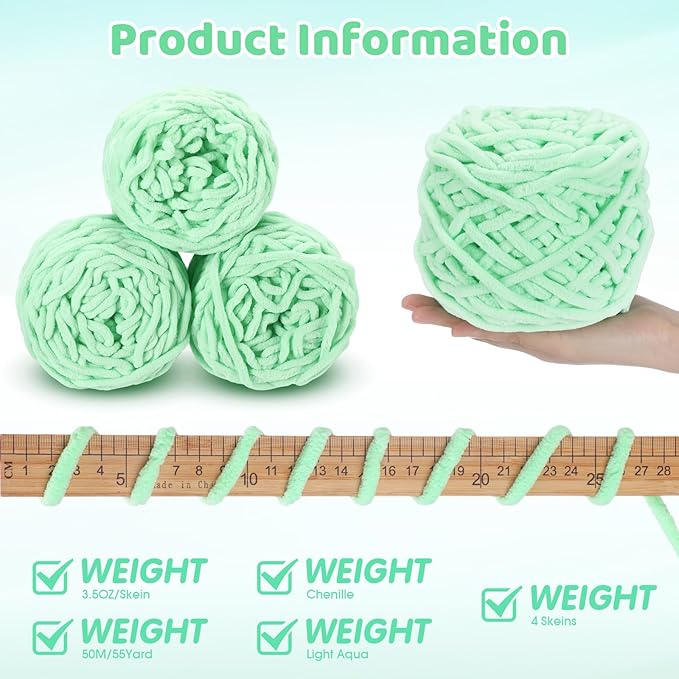 Buryeah 4 Pack Chunky Chenille Yarn for Crocheting Soft Thick Fluffy Yarn for Hand Knitting Bulky Velvet Blanket Plush for Weaving DIY Crafts Each 3.5 oz 55 Yards (Light Aqua)