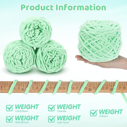 Buryeah 4 Pack Chunky Chenille Yarn for Crocheting Soft Thick Fluffy Yarn for Hand Knitting Bulky Velvet Blanket Plush for Weaving DIY Crafts Each 3.5 oz 55 Yards (Light Aqua)