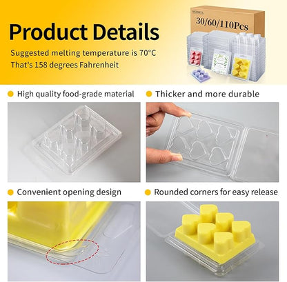 Wax Melt Container Clamshell Packaging Mold Box Stand for Plastic Clear Empty Wax Candle Melt Tart Packaging Cube Container Clamshell Mold Holder Organizer Tray Empty Shape Bulk wth Lids