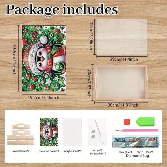 DoxQcs DIY Diamond Art Wooden Food Tray with Handle Diamond Painted Table Decoration Tray for Breakfast Bar Dinner Table Diamonds Art Painting for Beginners-Penguin