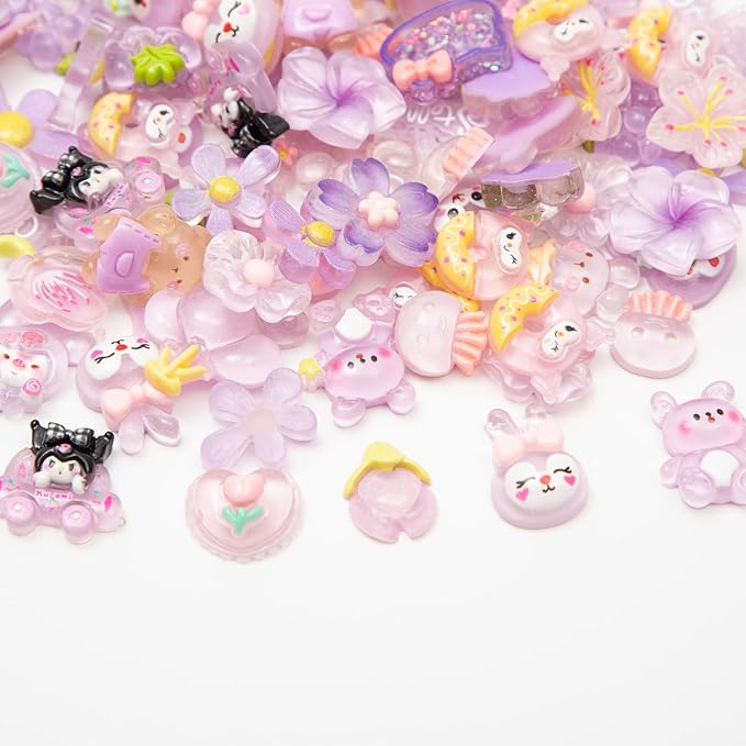 60pcs Slime Charms Cute Set for Crafts, Resin Set Ornament Scrapbooking, 3D Flatback Cute Embellishments for Scrapbook and Mini Decorations (Purple)