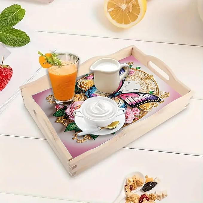 DoxQcs DIY Diamond Art Wooden Tray Kit Easter Food Tray with Handle Diamond Painted Table Decoration Tray for Breakfast Bar Dinner Table Diamond Art Painting for Beginners-#12-Rose Butterfly