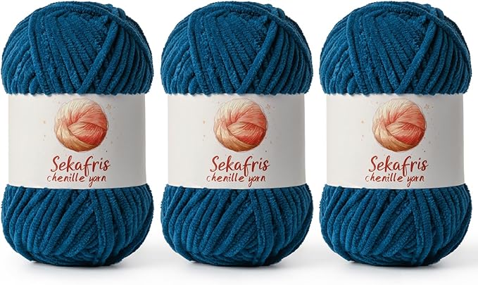 3 Pack Denim Blue Chunky Chenille Yarn for Crocheting, Bulky Velvet Yarns for Crochet, Baby Yarn for Crocheting Soft Blanket, 393 yds/10.5 oz Fluffy Amigurumi Crochet Yarn