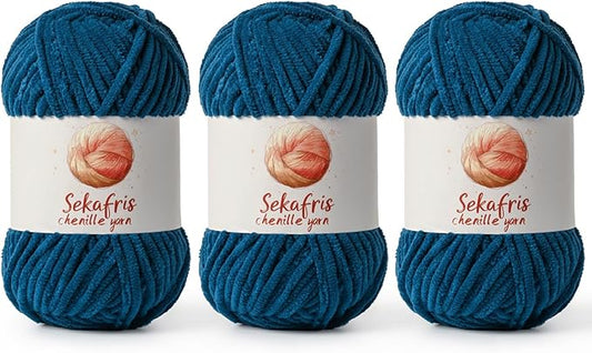 3 Pack Denim Blue Chunky Chenille Yarn for Crocheting, Bulky Velvet Yarns for Crochet, Baby Yarn for Crocheting Soft Blanket, 393 yds/10.5 oz Fluffy Amigurumi Crochet Yarn