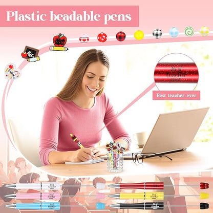 Geyee 12 Set Plastic Beadable Pens Assorted Bead Pens Crystal Wood Round Spacer Set Black Ink DIY Ballpoint for Women Men Gift Office Supplies(Teacher)