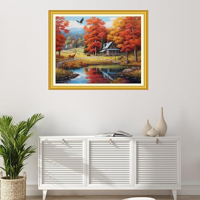 Foxhool Stamped Cross Stitch Kits,11CT Printed Cross Stitch Pattern Full Embroidery Kits for Beginner Needlepoint Kits-Suburban Scenery 16x20 inchs
