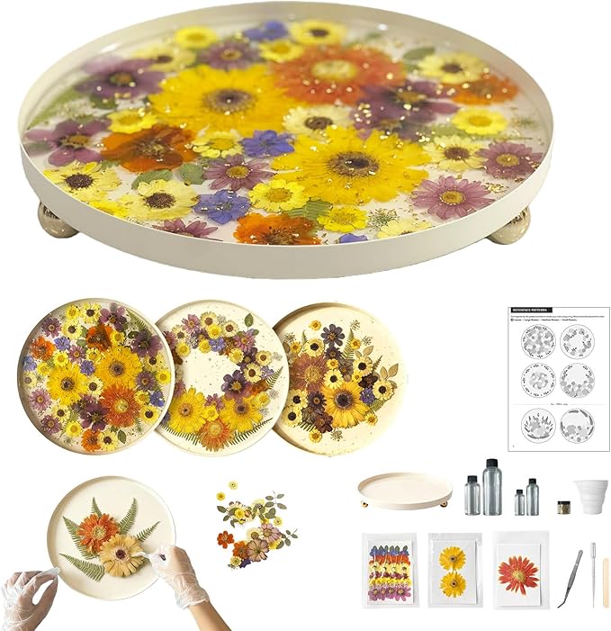 GooCare DIY Decorative Tray Craft Kit for Adult - Create Your Own Real Flower Tray with Epoxy Resin, Metal Tray for Vanity, Perfume, Key, Trinket Organizer, Table Decor, Beginner Friendly (Beige, Pro)