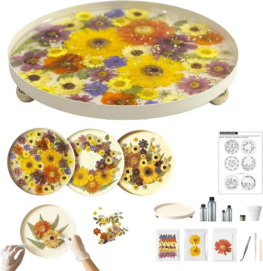 GooCare DIY Decorative Tray Craft Kit for Adult - Create Your Own Real Flower Tray with Epoxy Resin, Metal Tray for Vanity, Perfume, Key, Trinket Organizer, Table Decor, Beginner Friendly (Beige, Pro)