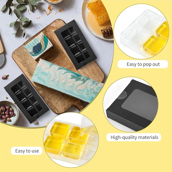 SMAODSGN 100 Pcs Gift Boxes for Wax Melts Plastic Mold with Box Wax Melt Boxes Crystal Clear Wax Melt Molds Wax Melts Containers for Wax Cubes Wax Tarts Wax Block