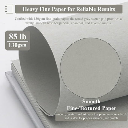 SuFly Toned Gray Sketchbook 8.5" x 11" - 60 Sheets Spiral Bound Artist Drawing Pad, 85lb/130gsm Toned Gray Paper for Graphite, Charcoal, Colored Pencils and Gel Pens.