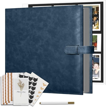 Vienrose 13x11 Inch 3 Ring DIY Scrapbook Album Gift Set, Faux Leather Cover Blank Scrapbooks Photobook with 50 Plastic Sleeves 100 Black Pages for Valentine Gift Wedding Family Anniversary Navy Blue