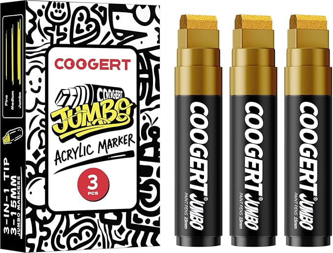 Coogert 3Pcs Gold Jumbo Poster Markers, 15MM Thick Permanent Acrylic Graffiti Markers, Wide Tip Paint Marker for Canvas, Posters Board, Fabric, Window, Glass, Wood, Teachers,Banner painting supplies