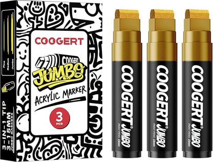 Coogert 3Pcs Gold Jumbo Poster Markers, 15MM Thick Permanent Acrylic Graffiti Markers, Wide Tip Paint Marker for Canvas, Posters Board, Fabric, Window, Glass, Wood, Teachers,Banner painting supplies