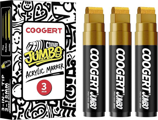 Coogert 3Pcs Gold Jumbo Poster Markers, 15MM Thick Permanent Acrylic Graffiti Markers, Wide Tip Paint Marker for Canvas, Posters Board, Fabric, Window, Glass, Wood, Teachers,Banner painting supplies