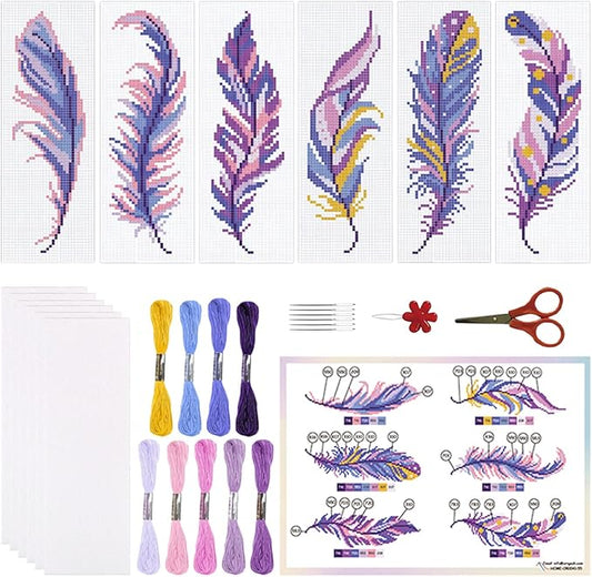 ORIGACH 6 Set Feather Cross Stitch Bookmark Kit for Beginner with Backing Felt Floss Instructions DIY Stamped Embroidery Bookmark Kit for Adults, Book Lovers