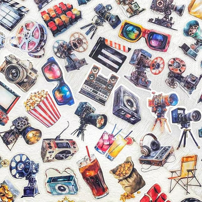 50 Pcs Vintage Movie Projector Stickers Clear Film Camera Retro Cinema Aesthetic Scrapbook Decals Waterproof PET Stickers for Journals Laptops Notebooks Art Crafts