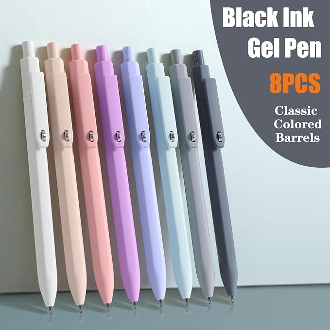 Piochoo Gel Pens,8pcs Fine Point Smooth Writing Black Ink Retractable Journaling Pens Ballpoint, Quick-Dry Cute Fidget Pens for School Supplies Office Desk Accessories
