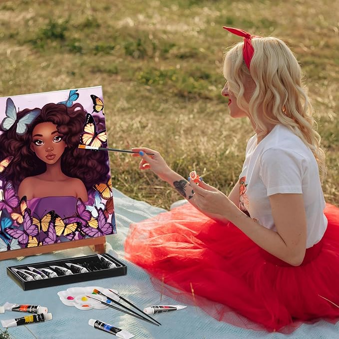 Cholemy 36 Pcs Valentine Paint and Sip Kit for Adults 8''x10'' Pre Drawn Canvas for Painting DIY Afro Acrylic Painting Kit Wood Easel Brushes Date Night Bulk for Party Gifts(Sunshine Lady)