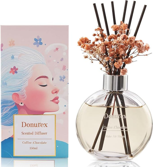 Donurex Flower Reed Diffuser Set 5.07oz Coffee & Chocolate Scent Diffuser with Sticks Home Fragrance Reed Diffuser for Bathroom Shelf Decor