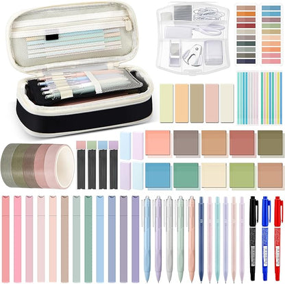 Sinload 60 Pcs Aesthetic Book Annotation Kit School Supplies Cute Pencil Case 12 Highlighter 5 Gel Pen 6 Mechanical Pencil 5 Magnetic Bookmark 1220 Pcs Sticky Note Tab Student Stationary(Black)
