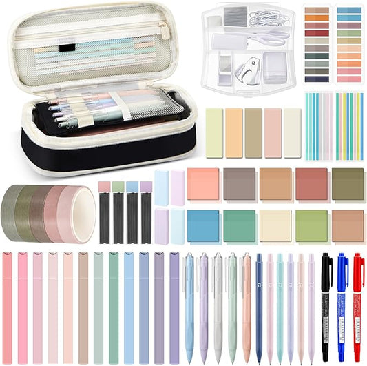 Sinload 60 Pcs Aesthetic Book Annotation Kit School Supplies Cute Pencil Case 12 Highlighter 5 Gel Pen 6 Mechanical Pencil 5 Magnetic Bookmark 1220 Pcs Sticky Note Tab Student Stationary(Black)