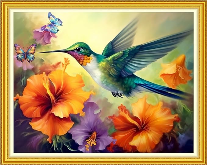 Foxhool Stamped Cross Stitch Kits,11CT Printed Cross Stitch Pattern Full Embroidery Kits for Beginner Needlepoint Kits-Hummingbirds Collect Honey 16x20 inchs